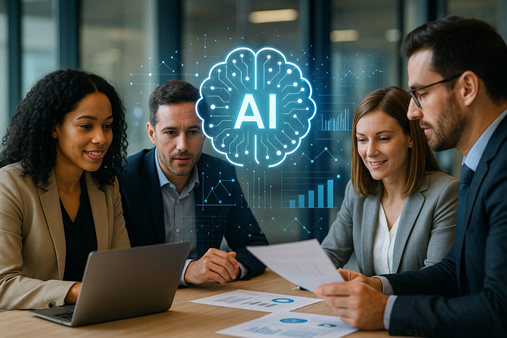 Business professionals collaborating at a desk with futuristic AI data graphics overlayed.